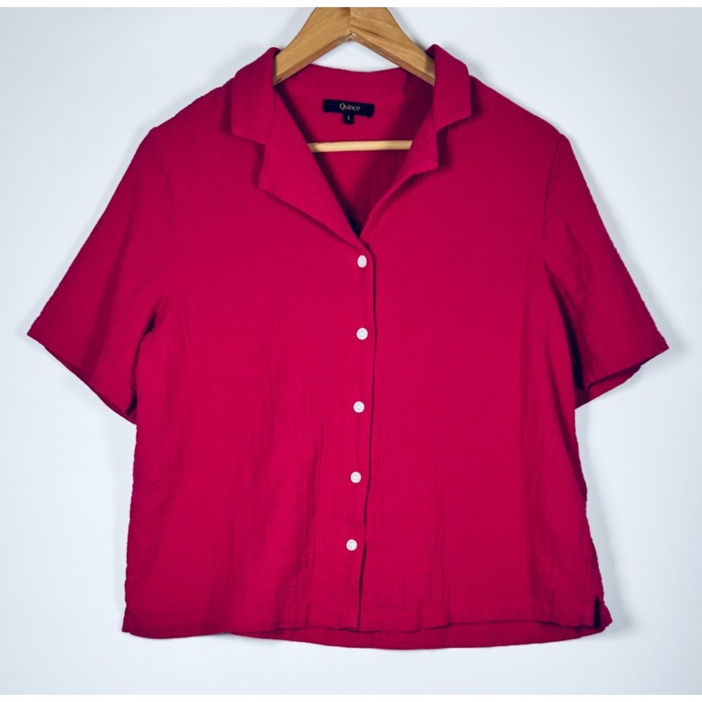 Quince Organic Cotton Gauze Shirt Small Pink Short Sleeve Camp Collar Top